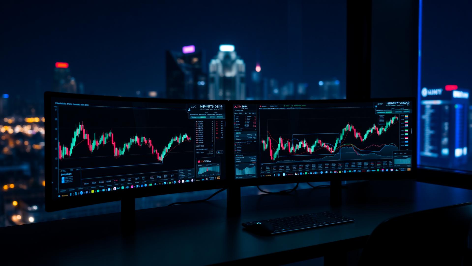Multi-monitor trading desk with live charts